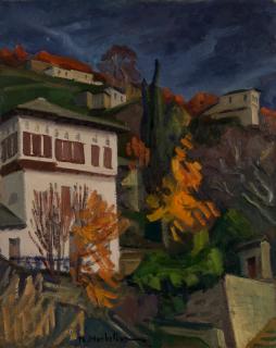 Makrinitsa Mansion in Stormy Weather — Oil painting, Fiberboard, 40.00×50.00cm — Theodoros Markellos